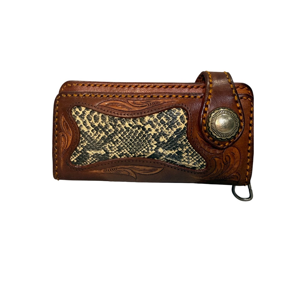 VTG Tooled Leather Wallet Brown Fair Snakeskin Inlay Western Biker Concho Cognac